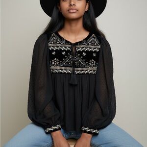 Zara Black Blouse with Embroidery - Size L